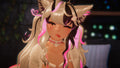 Animated character with long white and black hair and pink highlights, wearing a white outfit with decorative elements.