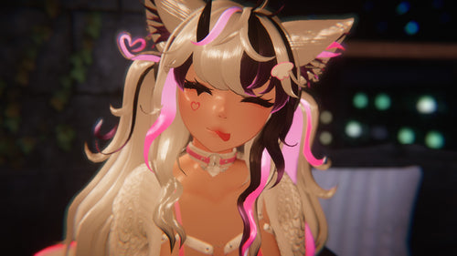 Animated character with long white and black hair and pink highlights, wearing a white outfit with decorative elements.
