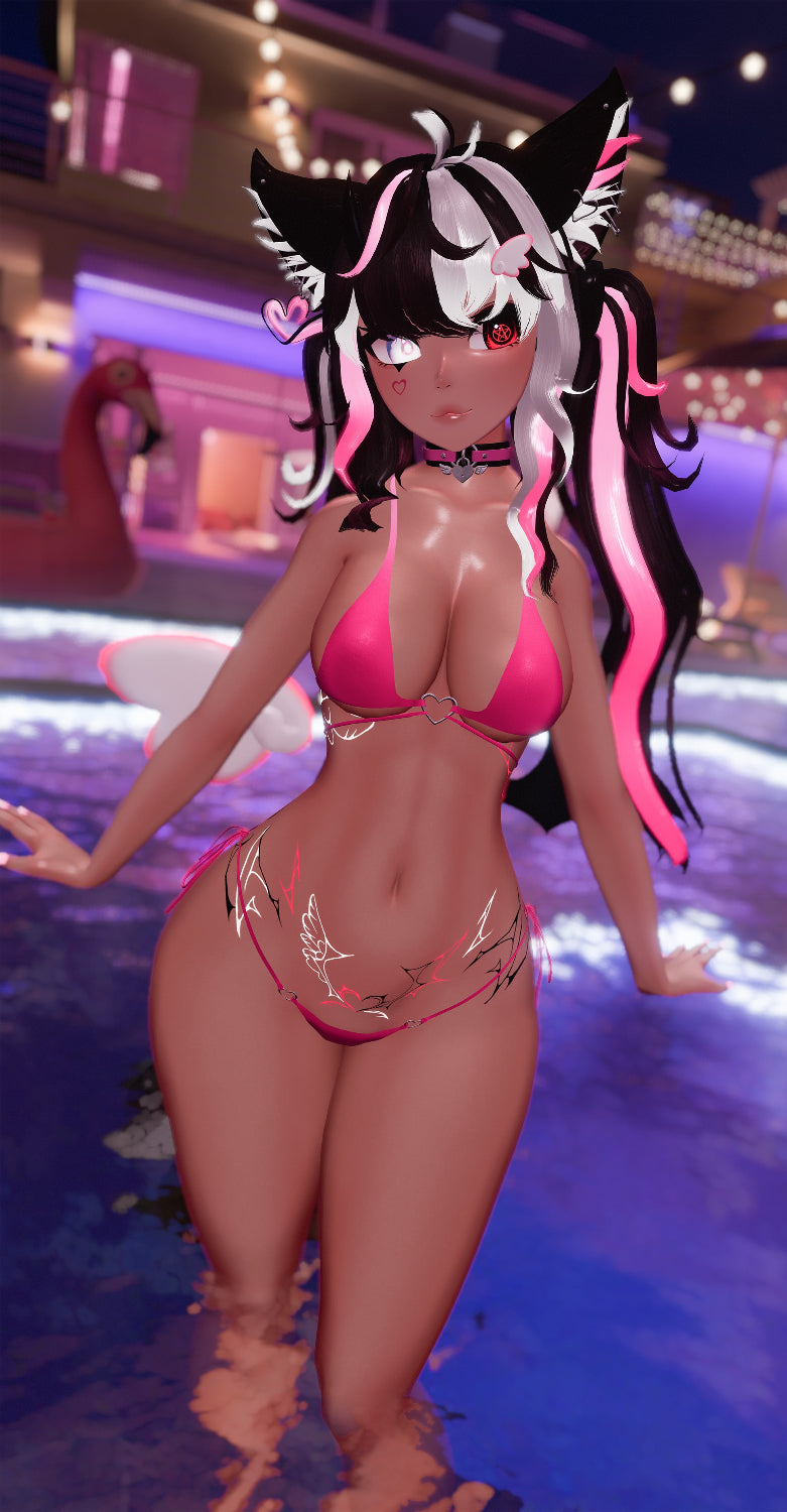 Character in a pink bikini with black hair and pink highlights in an urban night setting.