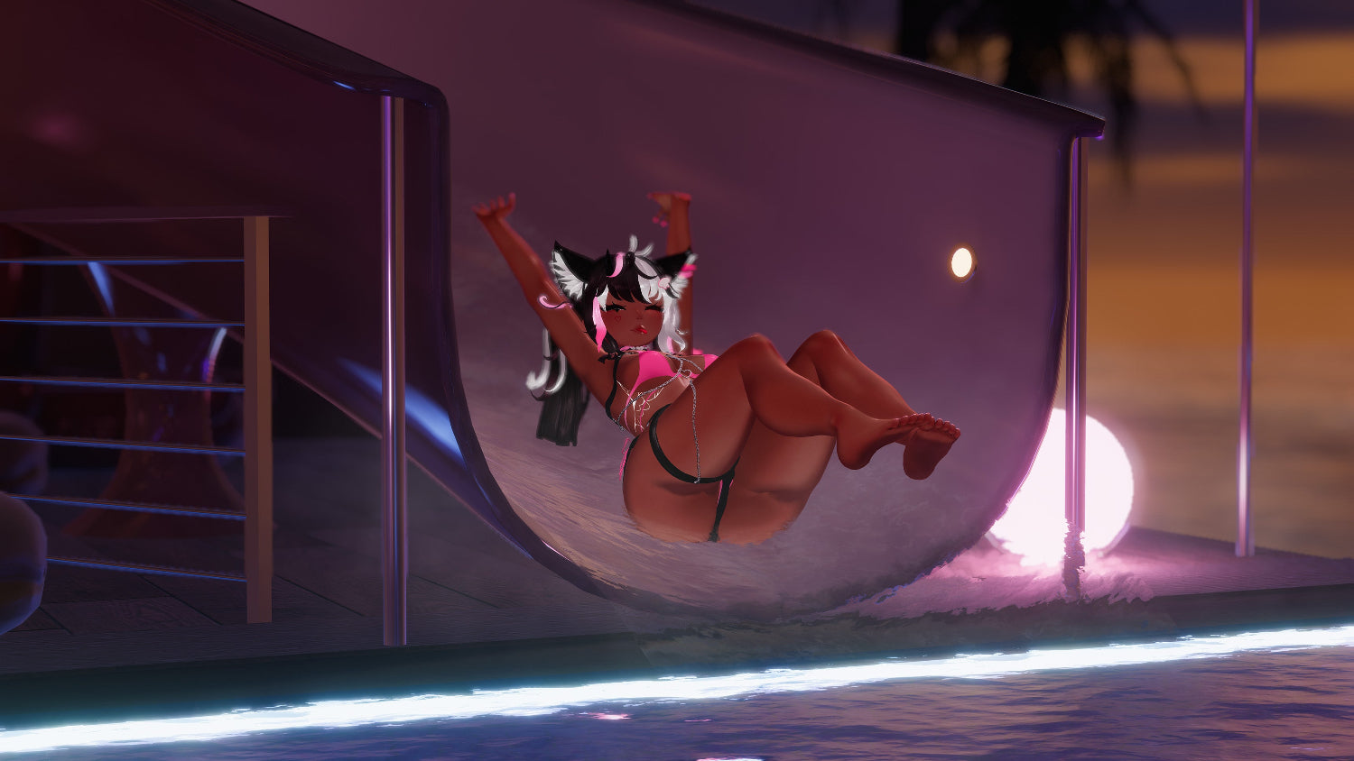 Animated character in a pink bikini sliding down a slide at night.