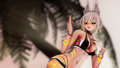Animated character in a bikini with yellow accents against a blurred natural background